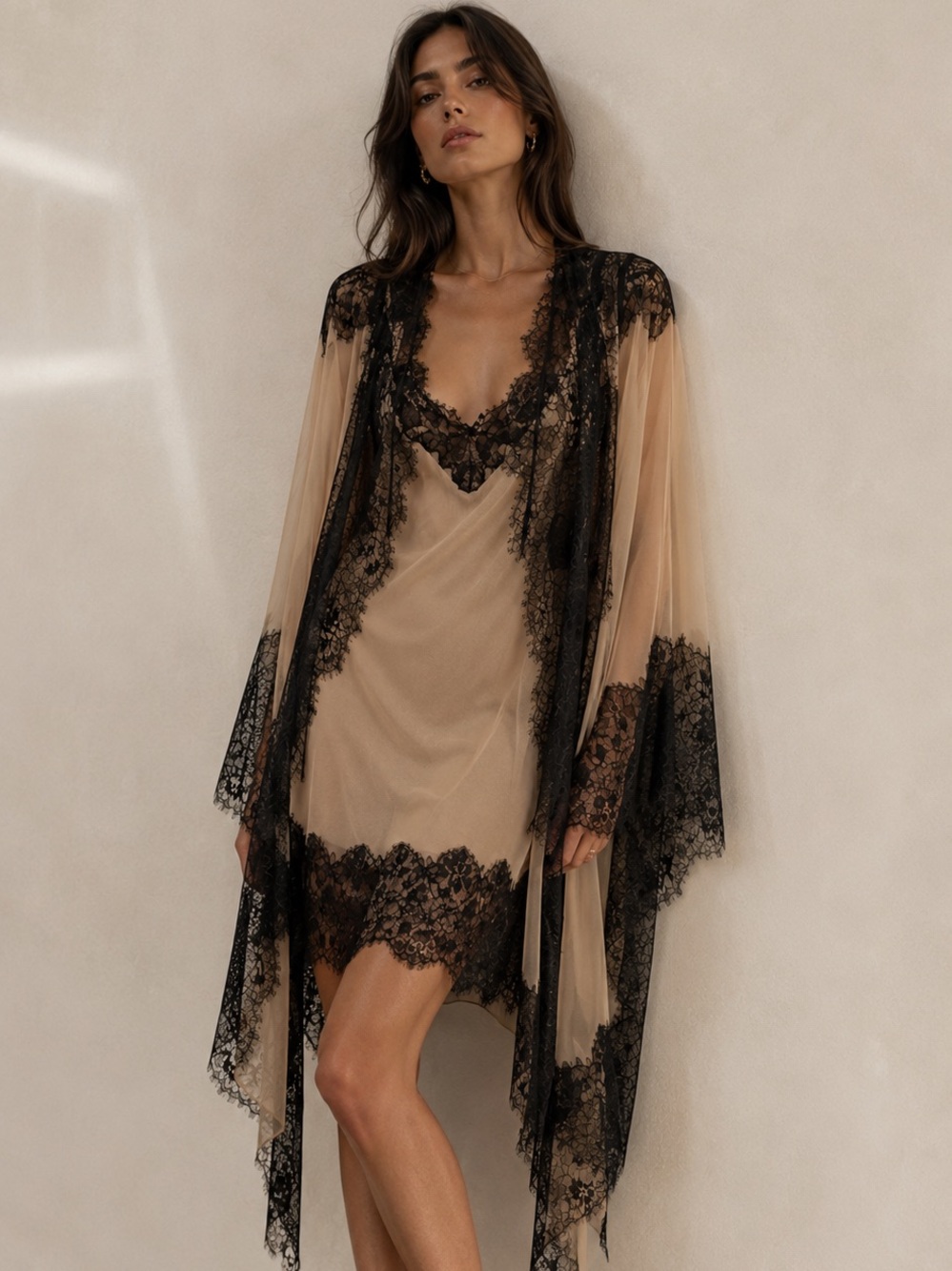 BCBG (SET) | S | Maxazria Lace Trim Slip Nightdress and Robe Set - Black on Nude - Picture 2 of 8
